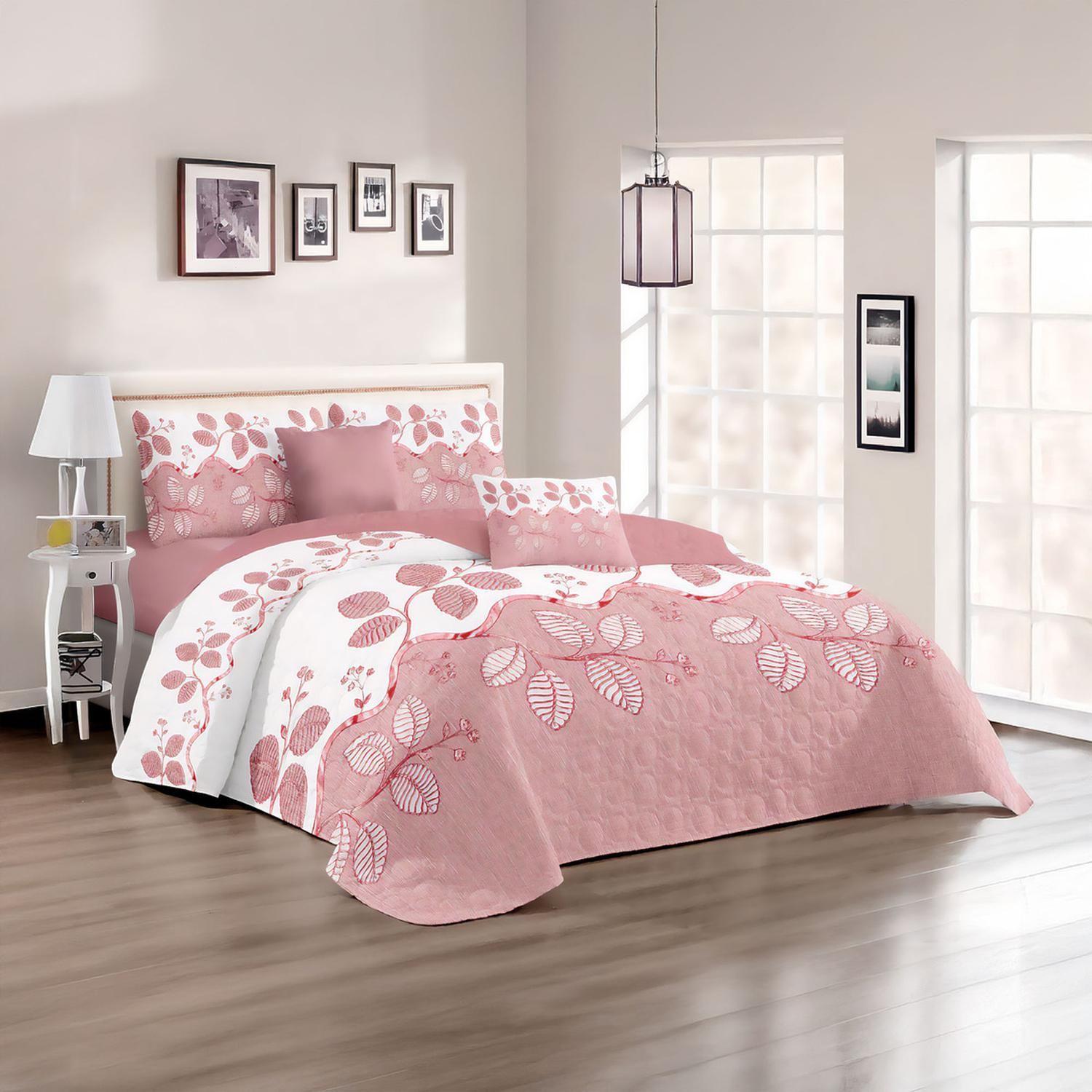 Cubre Cama King Quilt 2.5 Plazas Estampado Hojas Rosa 653-1