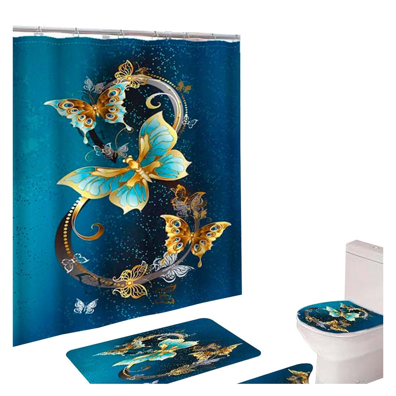 Cortina De Ducha + Set De Alfombra + Tapete Baño Mariposas Doradas-0