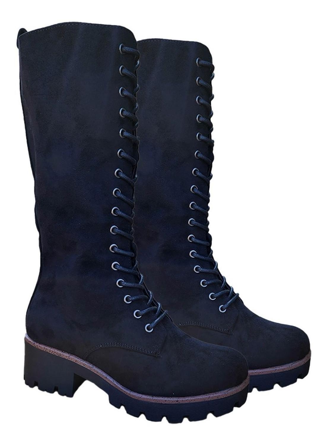 Botas Largas Bucaneras De Gamuza Mujer Casual Negro - 7131-2
