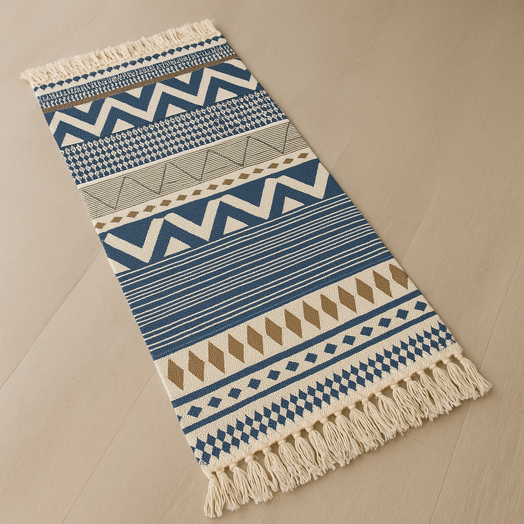 Bajada De Cama 60x130 Cm Lino Diseño Étnico Azul Y Beige 741-0