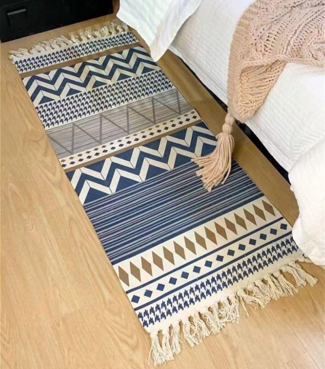 Bajada De Cama 60x130 Cm Lino Diseño Étnico Azul Y Beige 741-1