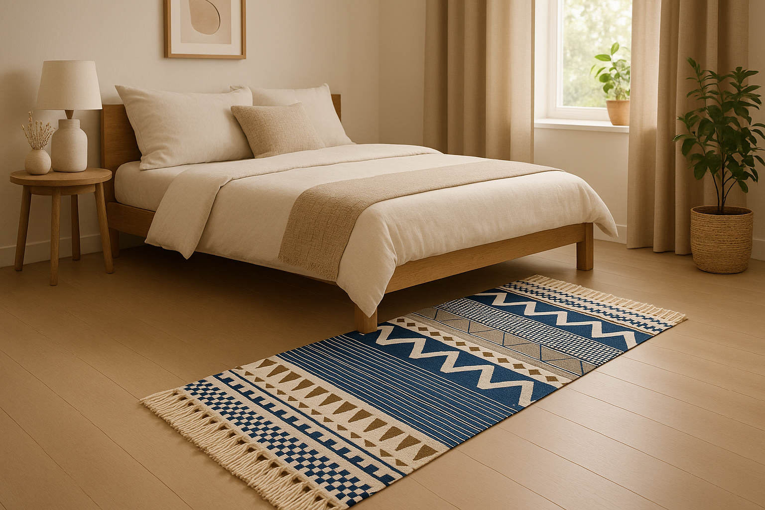 Bajada De Cama 60x130 Cm Lino Diseño Étnico Azul Y Beige 741-2