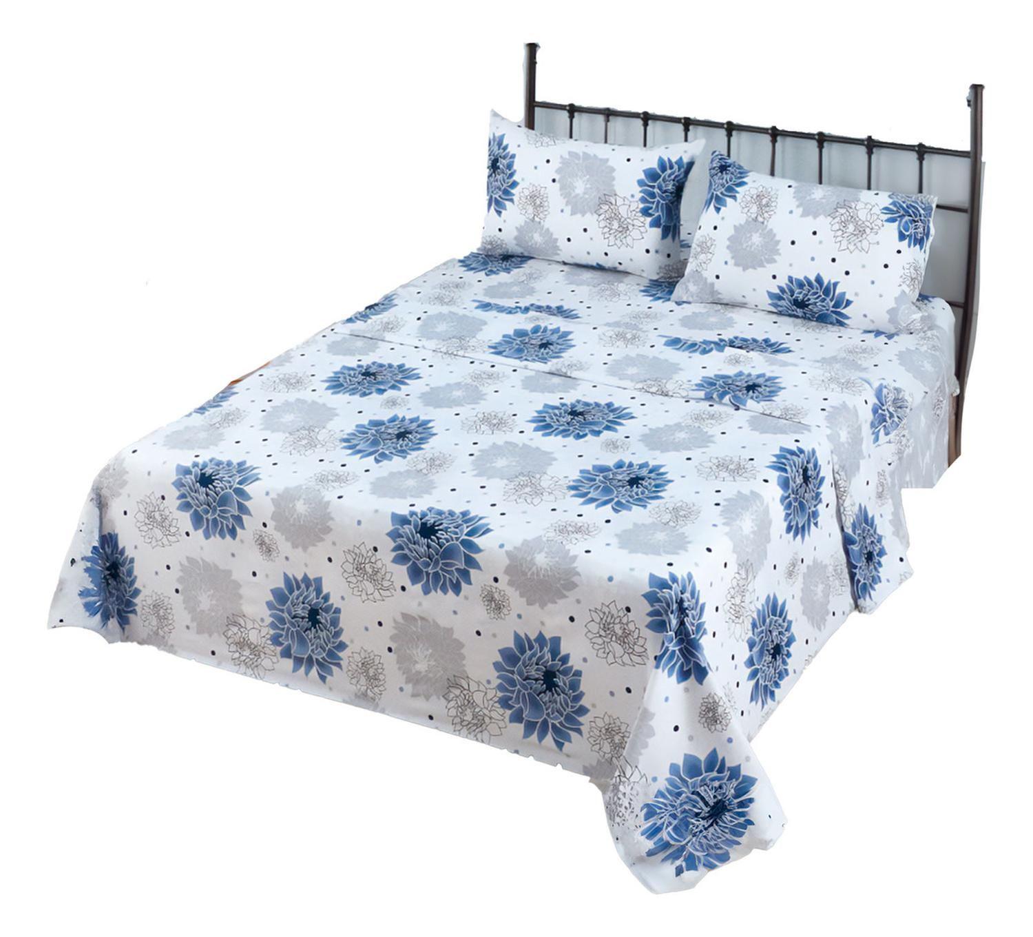 Juego De Sabanas 3.0 Algodon 200 Hilos Flores Azul 596-0