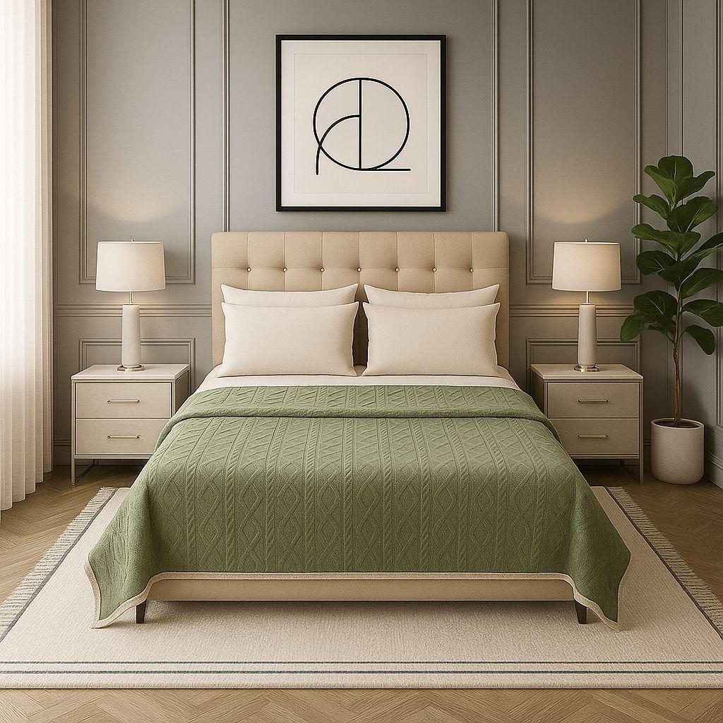 Cobija Sherpa verde claro 160x220 diseño geométrico microfibra premium-2