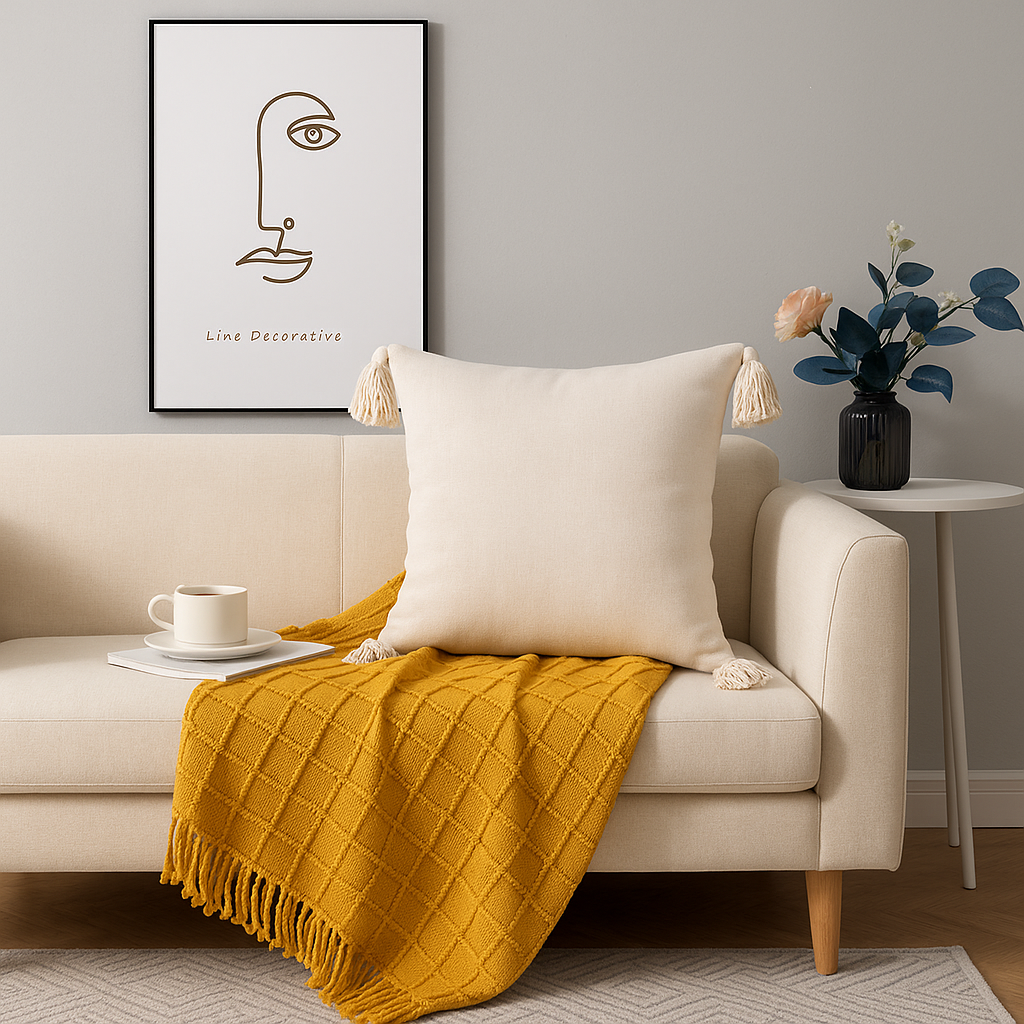Funda Cojín Beige | 45x45 cm Diseño Delicado Borlas - 615-2