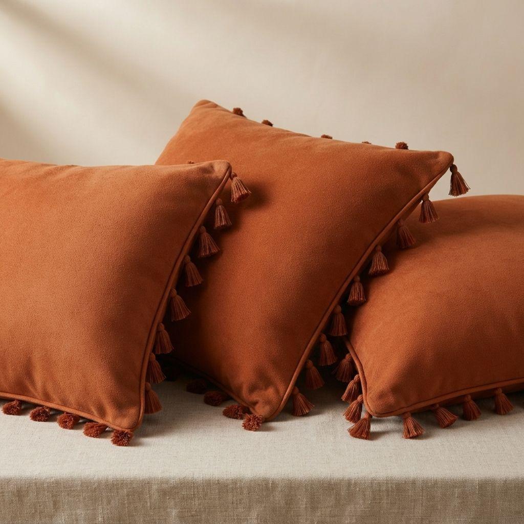 Fundas De Cojín Cuadradas 45x45 cm Pack 3 Unidades Café Con Borlas-3