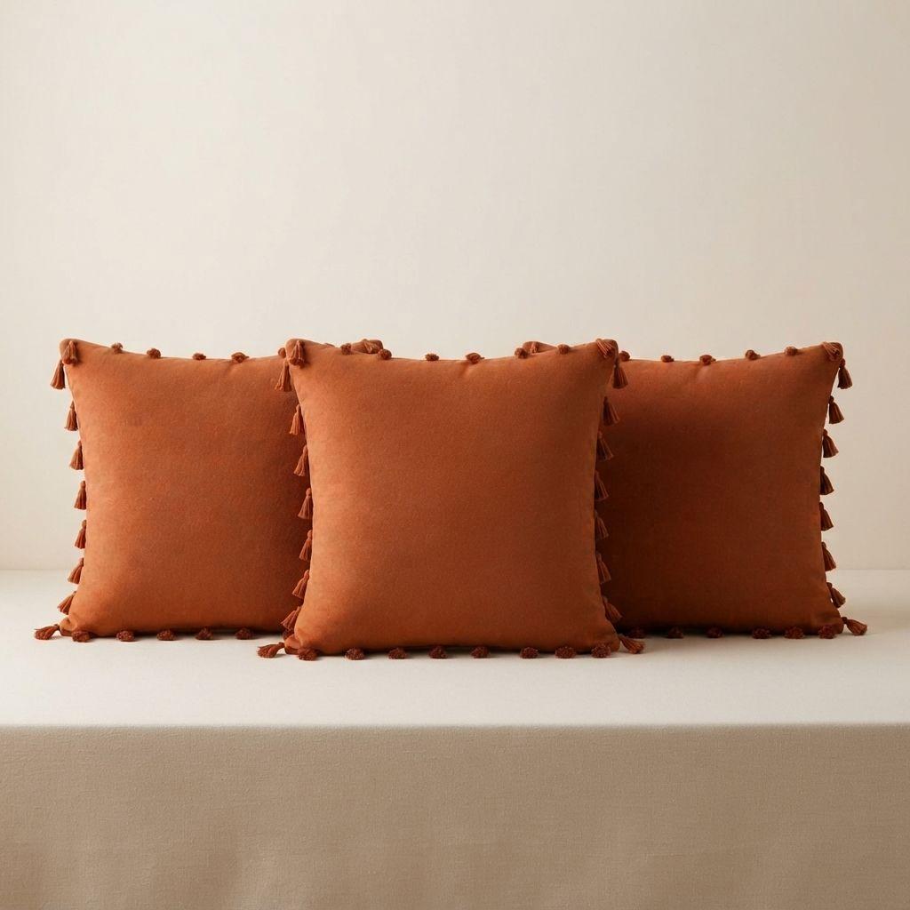 Fundas De Cojín Cuadradas 45x45 cm Pack 3 Unidades Café Con Borlas-7
