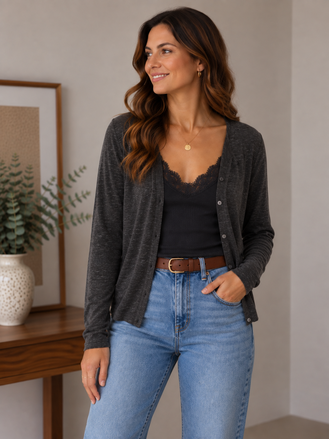 Cárdigan Botones Con Polera Lencera Encaje Incorporada Mujer-0