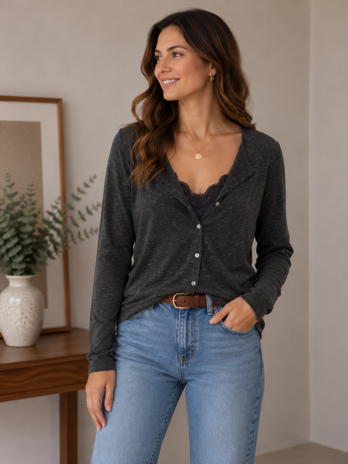 Cárdigan Botones Con Polera Lencera Encaje Incorporada Mujer-1