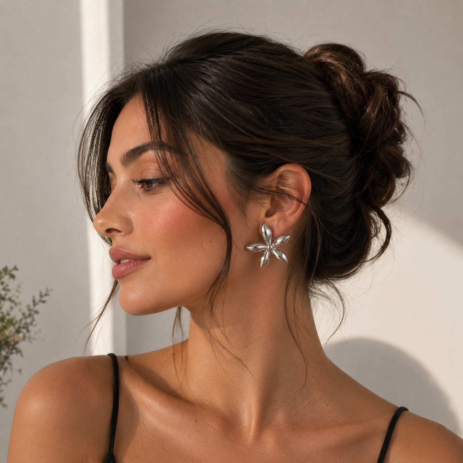 Aros Flor Plateados Acero Inoxidable Estilo Minimalista Mujer-1