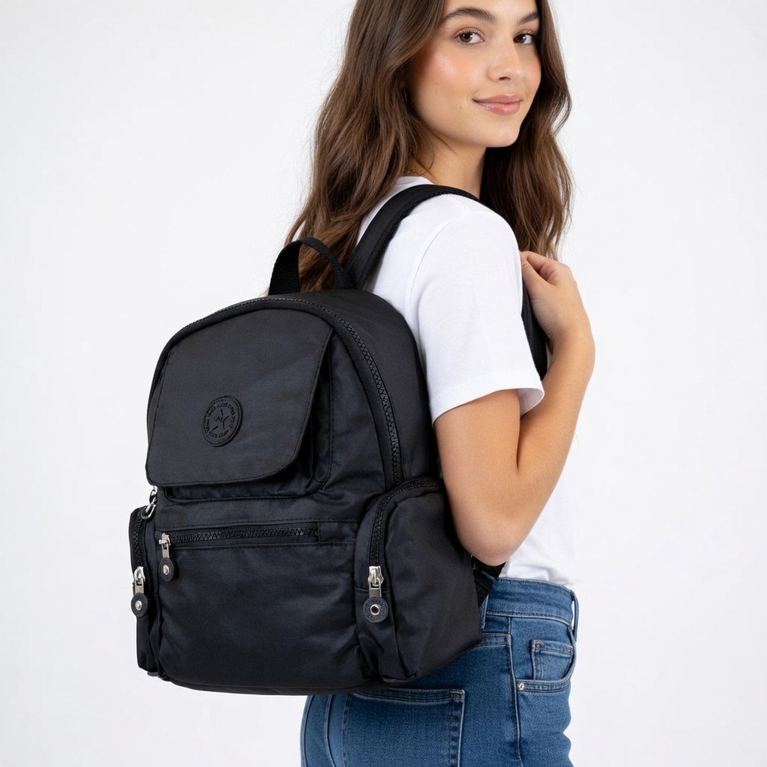 Mochila Mujer Nylon Mediana Urbana Con Bolsillos-1