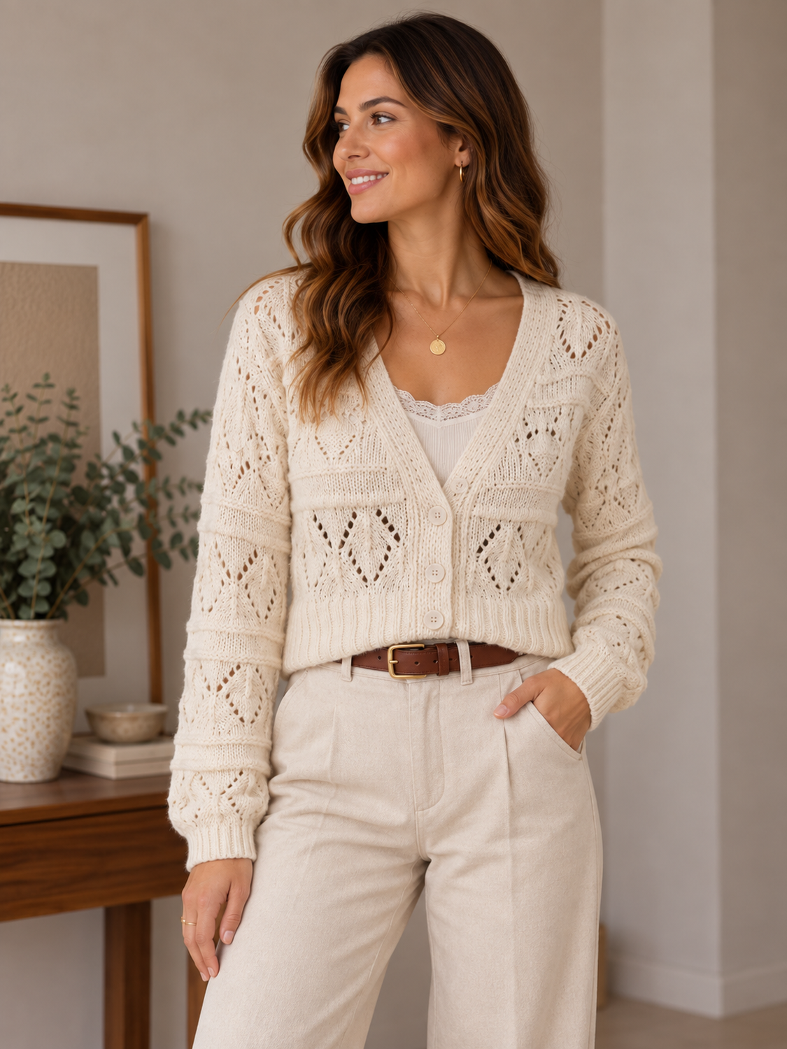 Cardigan Mujer Tejido Calado Con Botones Y Manga Larga-0