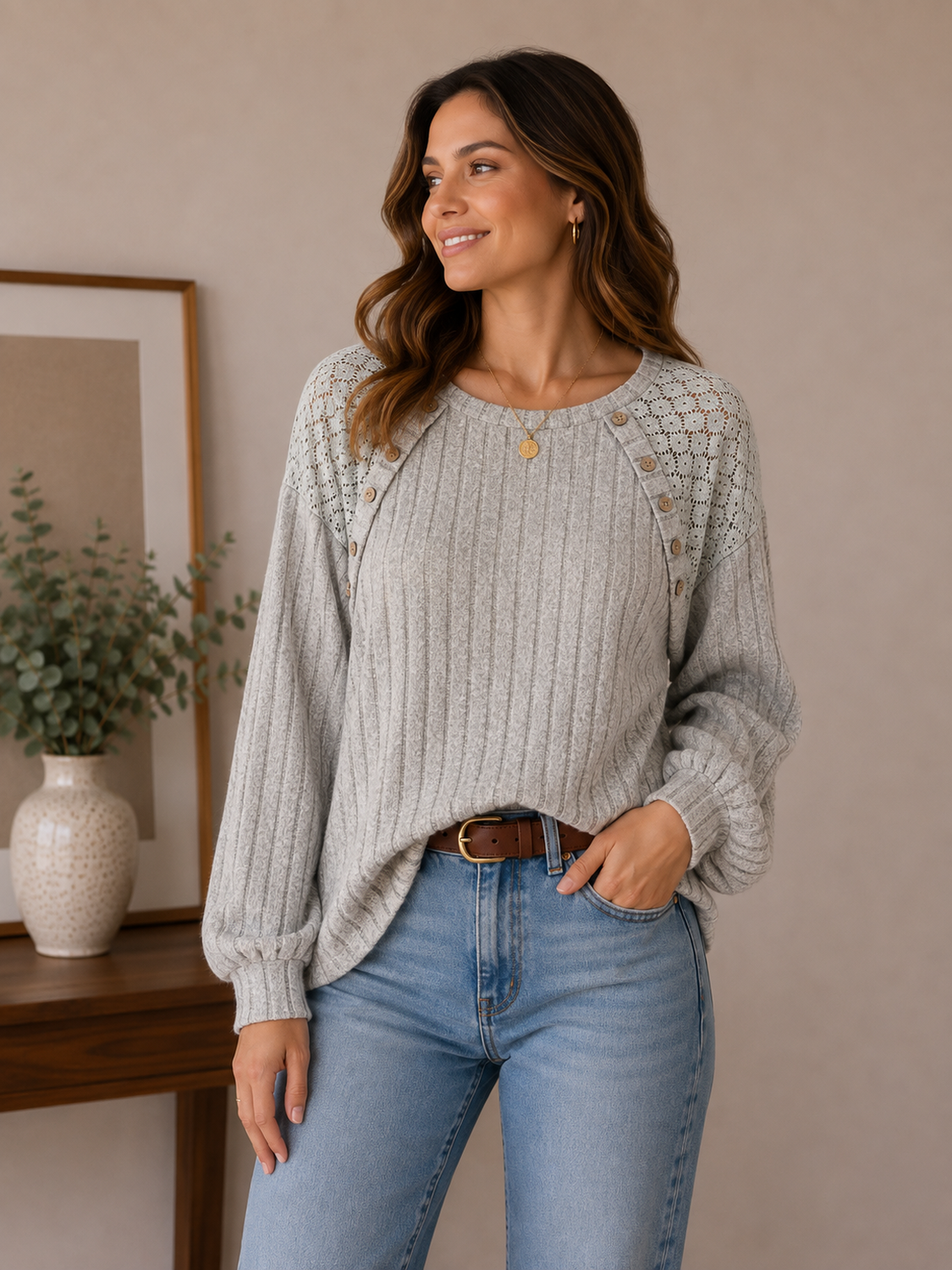 Sweater Delgado De Lanilla Acanalado Con Encaje Y Botones-0