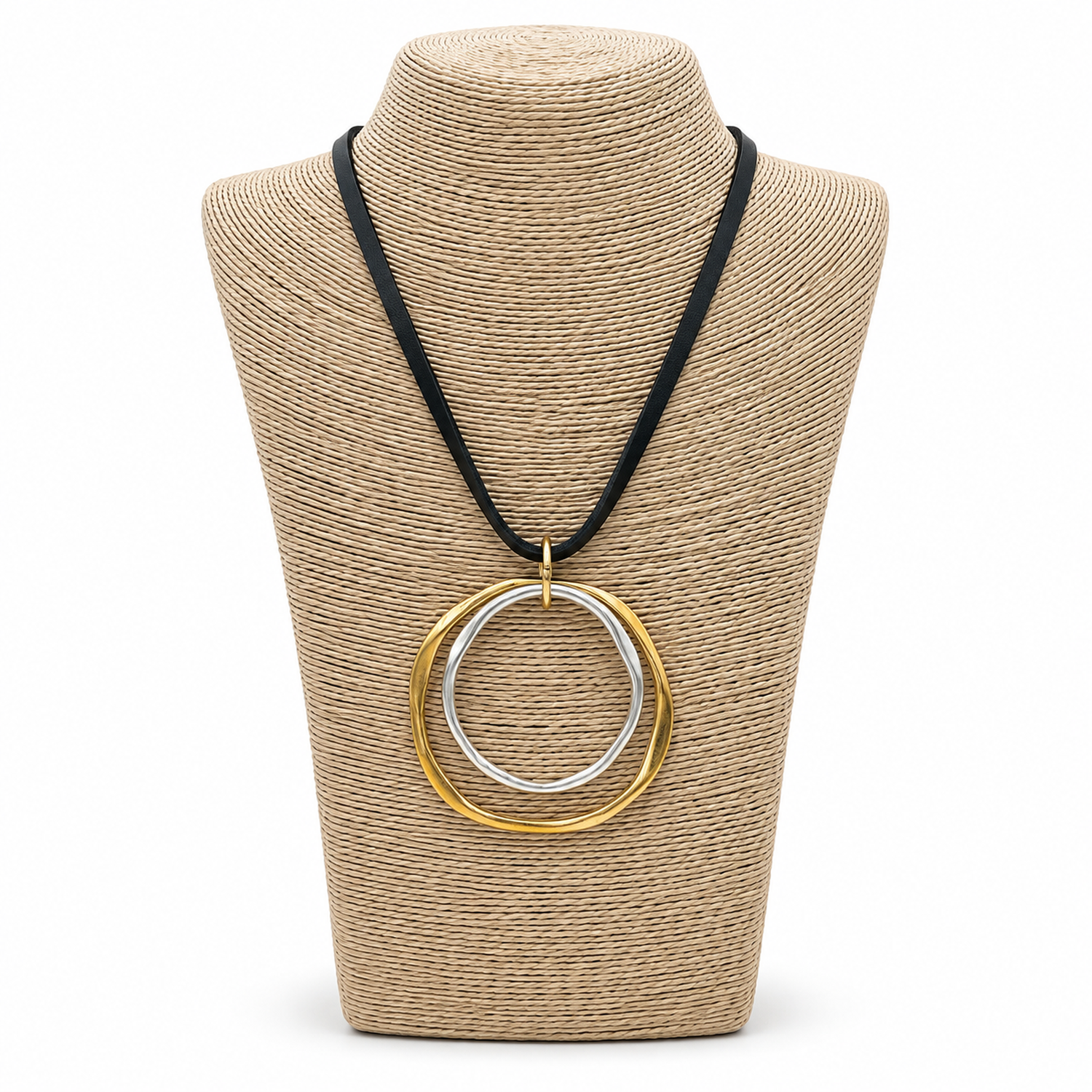 Collar Negro Con Dije De Aros Dorado Y Plateado 34 Cm-2