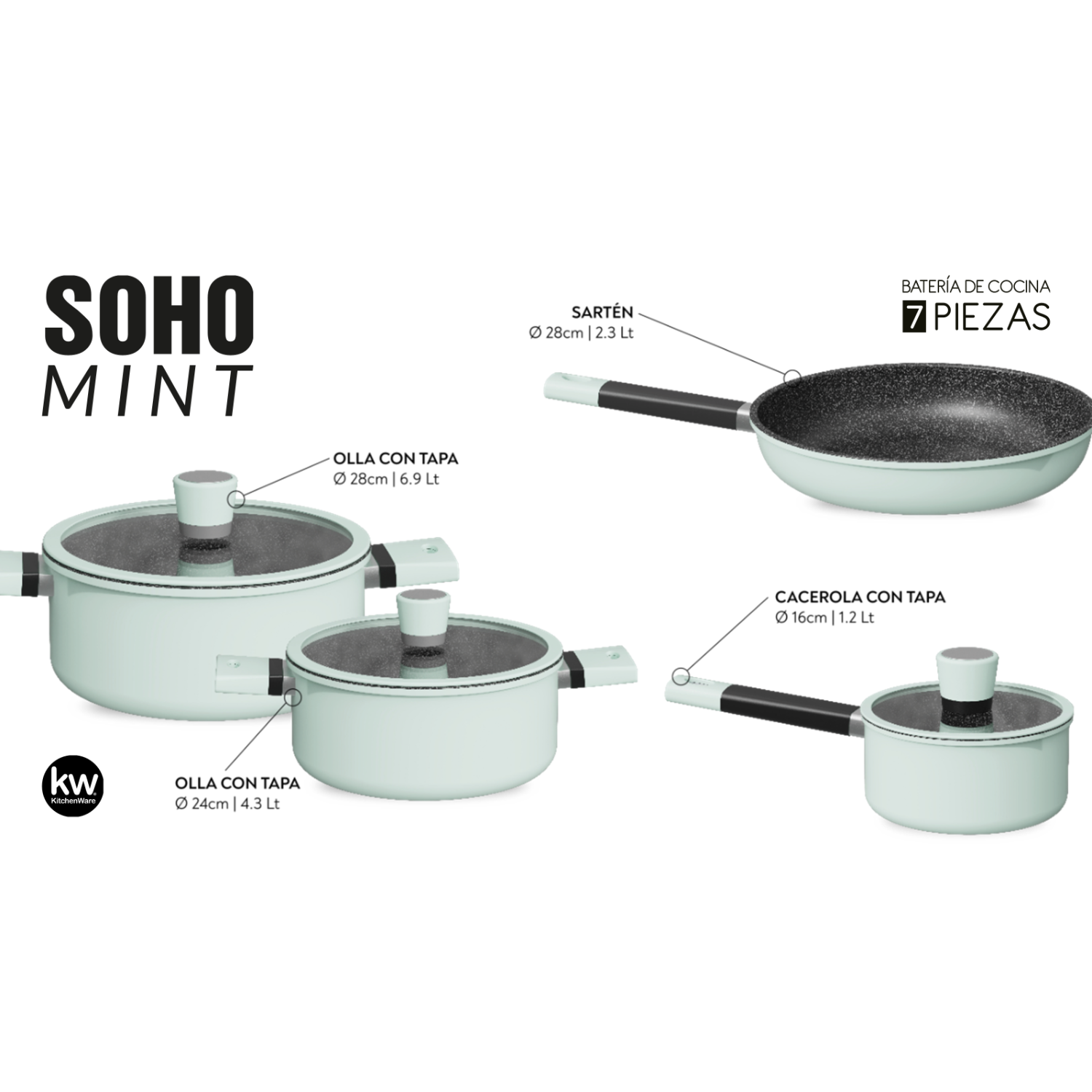 BATERIA DE COCINA 7 PIEZAS SOHO MINT ALUMINIO FORJADO-3