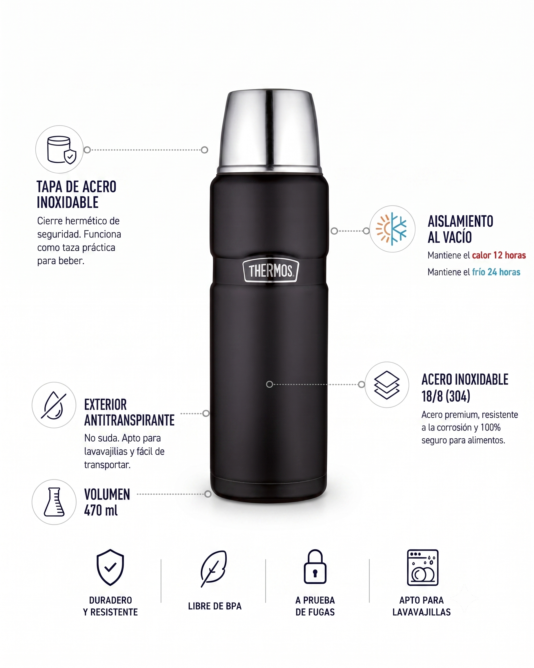 TERMO LIQUIDO  KING ACERO INOX 470 ML NEGRO - THERMOS-1