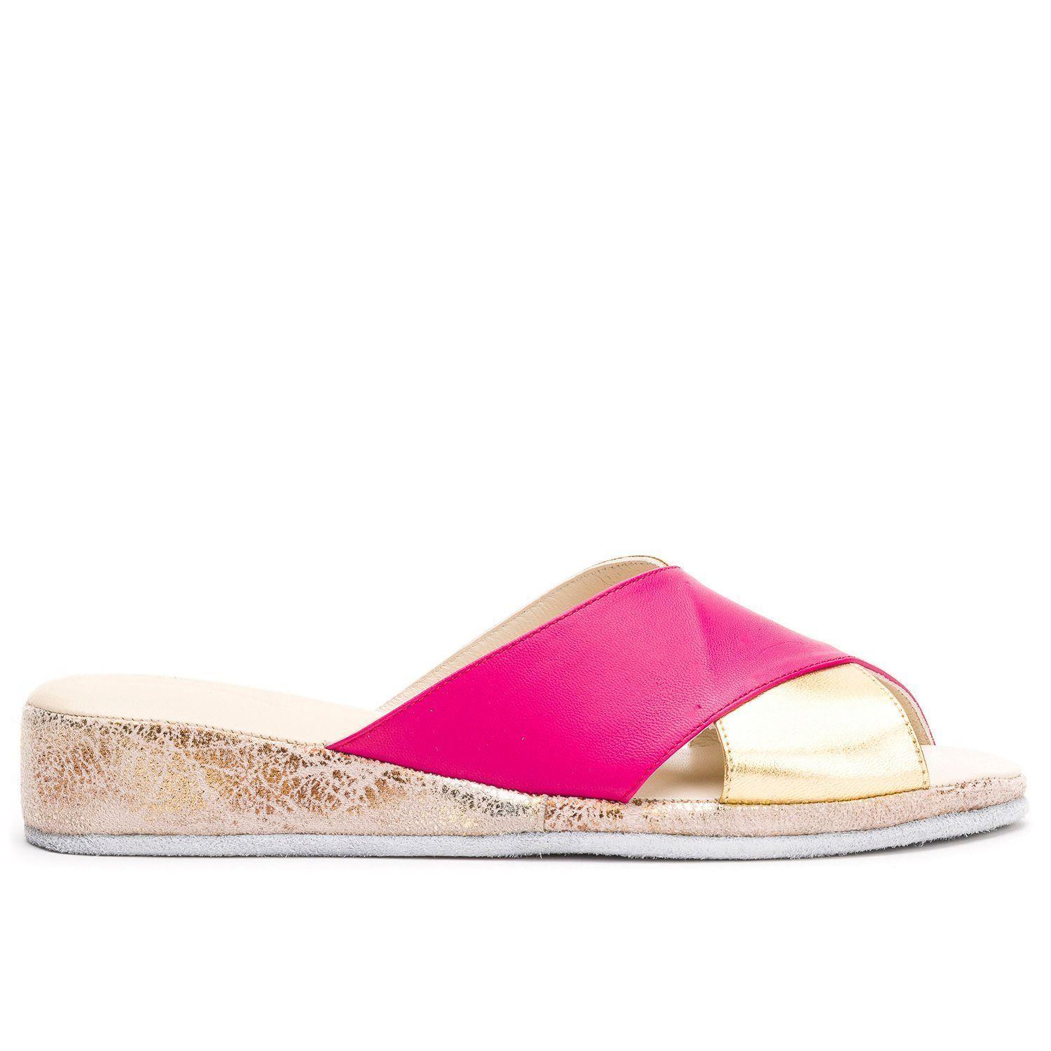 Pantufla Cuero Pluma Fucsia Dorado Suavecito-0
