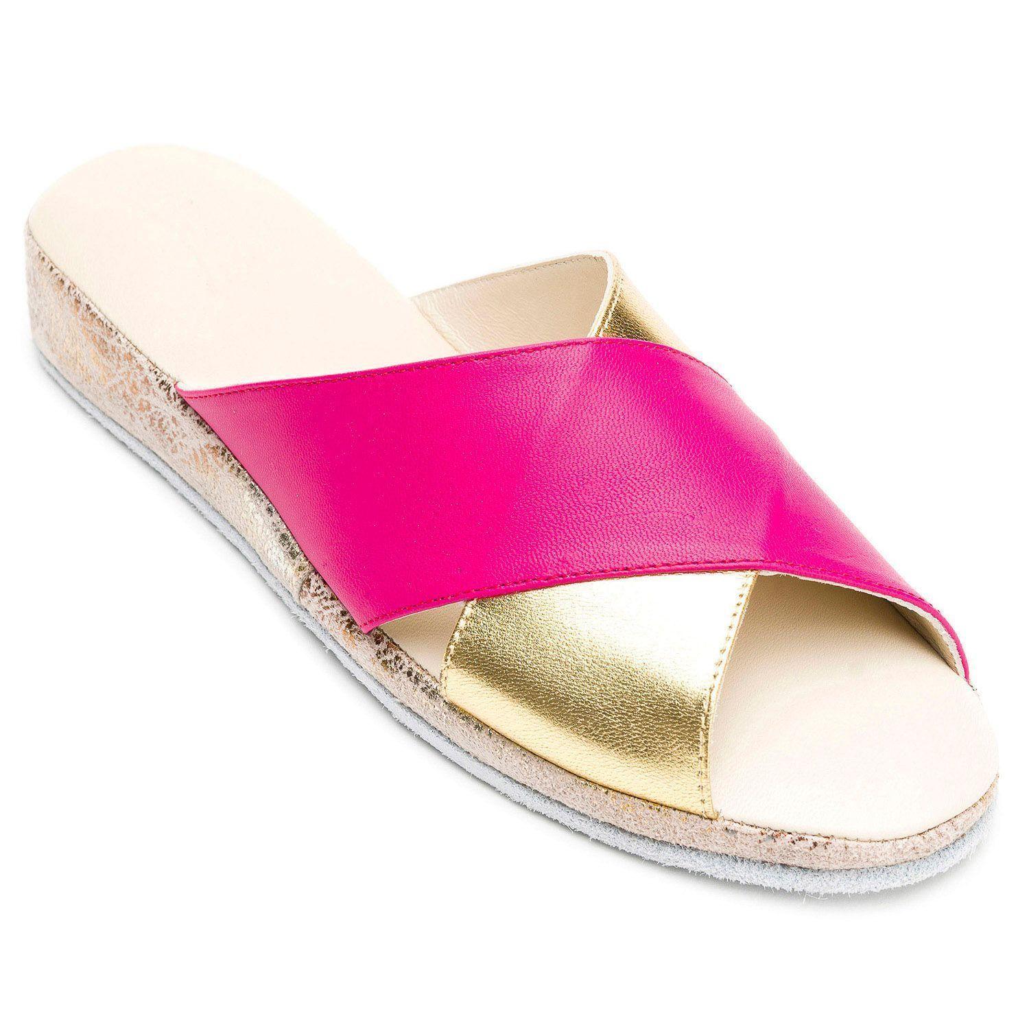 Pantufla Cuero Pluma Fucsia Dorado Suavecito-2