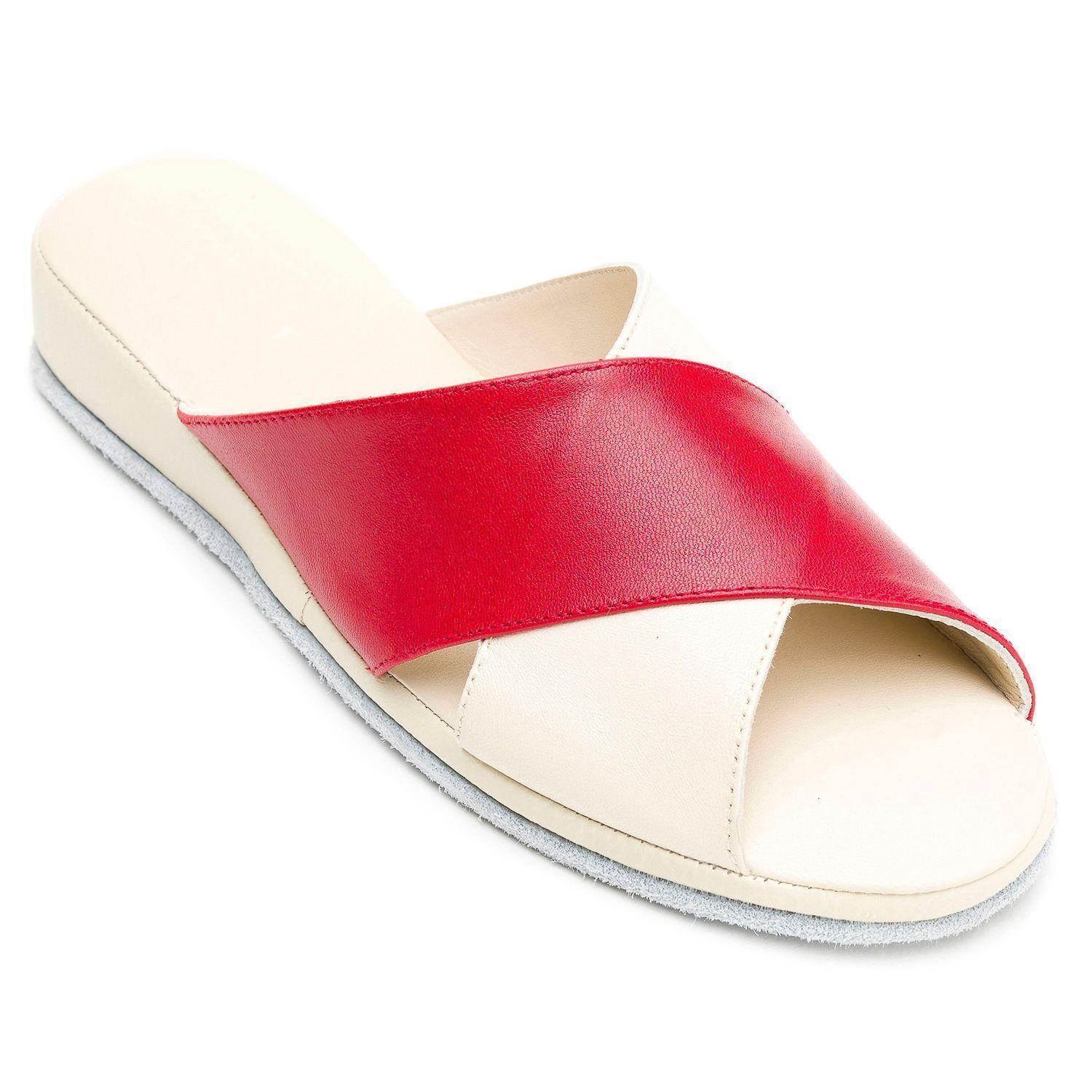 Pantufla Cuero Pluma Rojo Marfil Suavecito-2