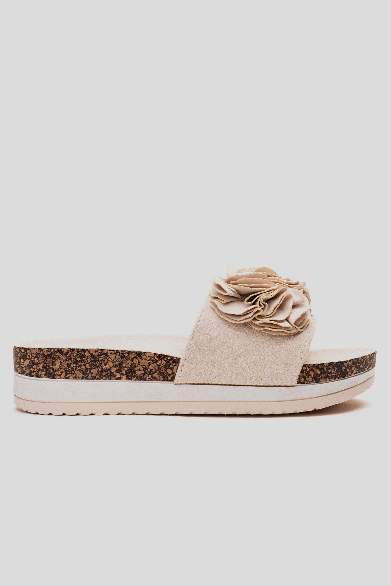 Sandalia Mujer Beige Flowers Chancleta-0