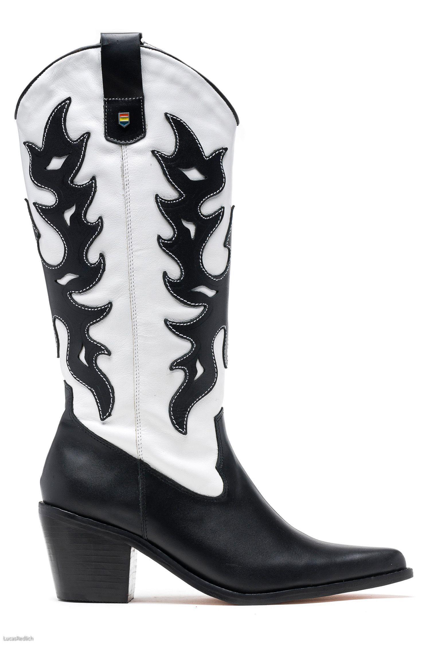 Bota Vaquera Cuero Haya Blanca y Negra Acha-0