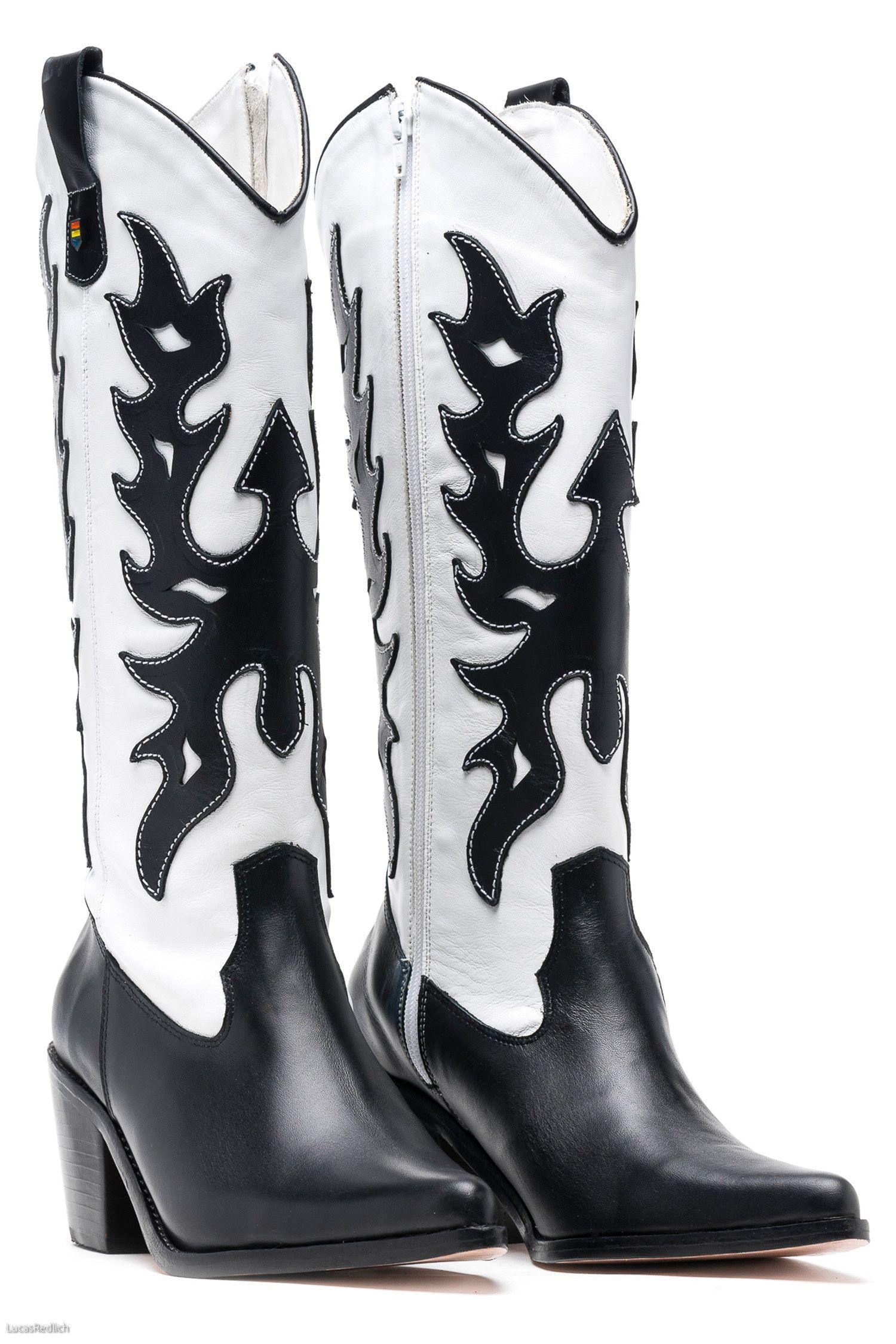 Bota Vaquera Cuero Haya Blanca y Negra Acha-3