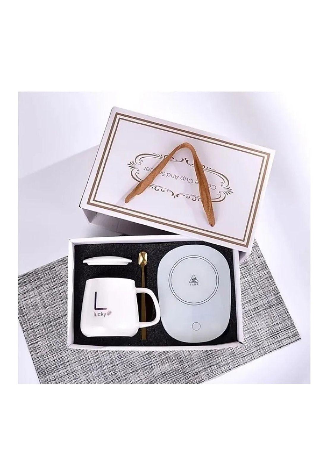Taza Con Calentador Eléctrico Caja De Regalo Cuchara Blanco-4