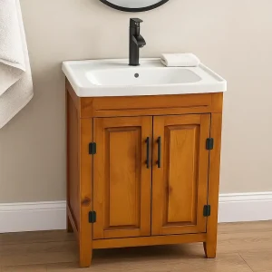 Vanitorio Madera Natural Lavamanos Cer mico Monomando Negro Victtorino-3