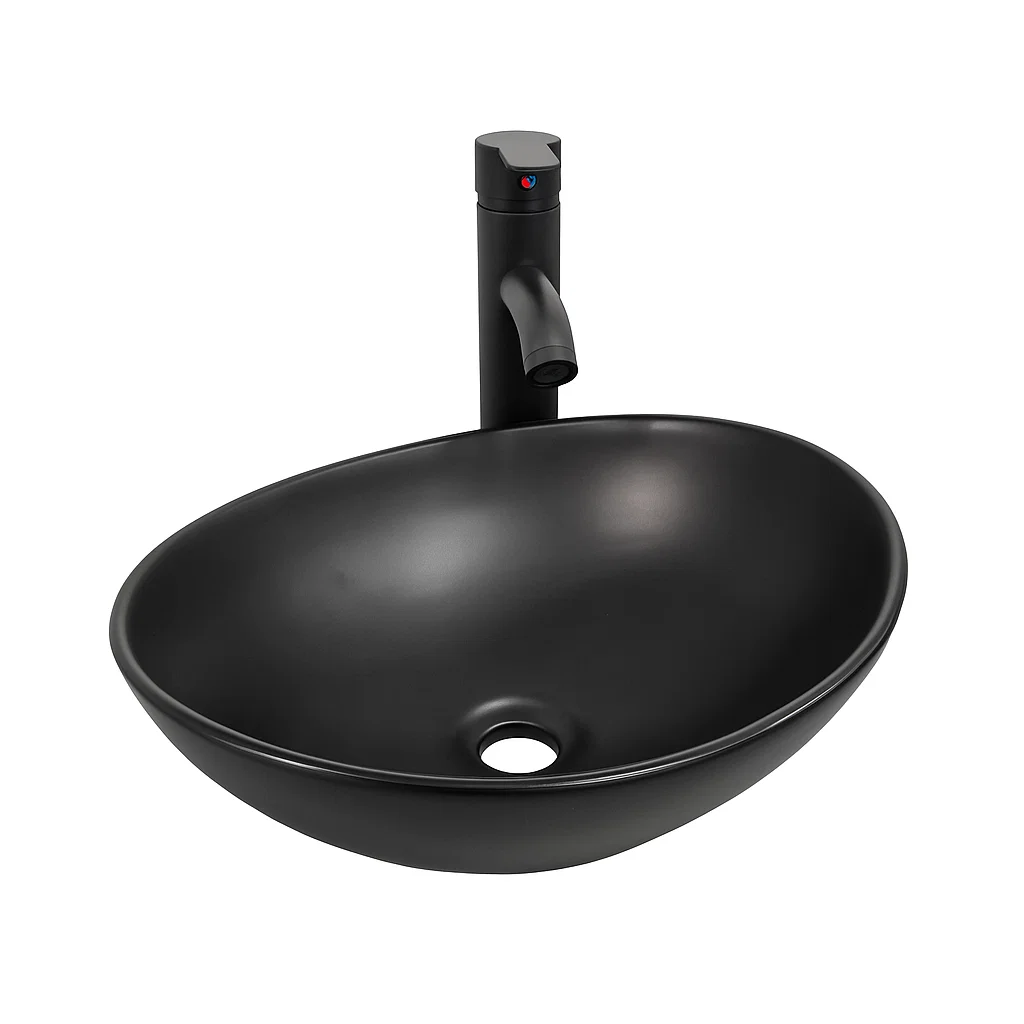 Lavamanos Bowl Negro 40cm sobreponer Cerámica Premium + llave-5