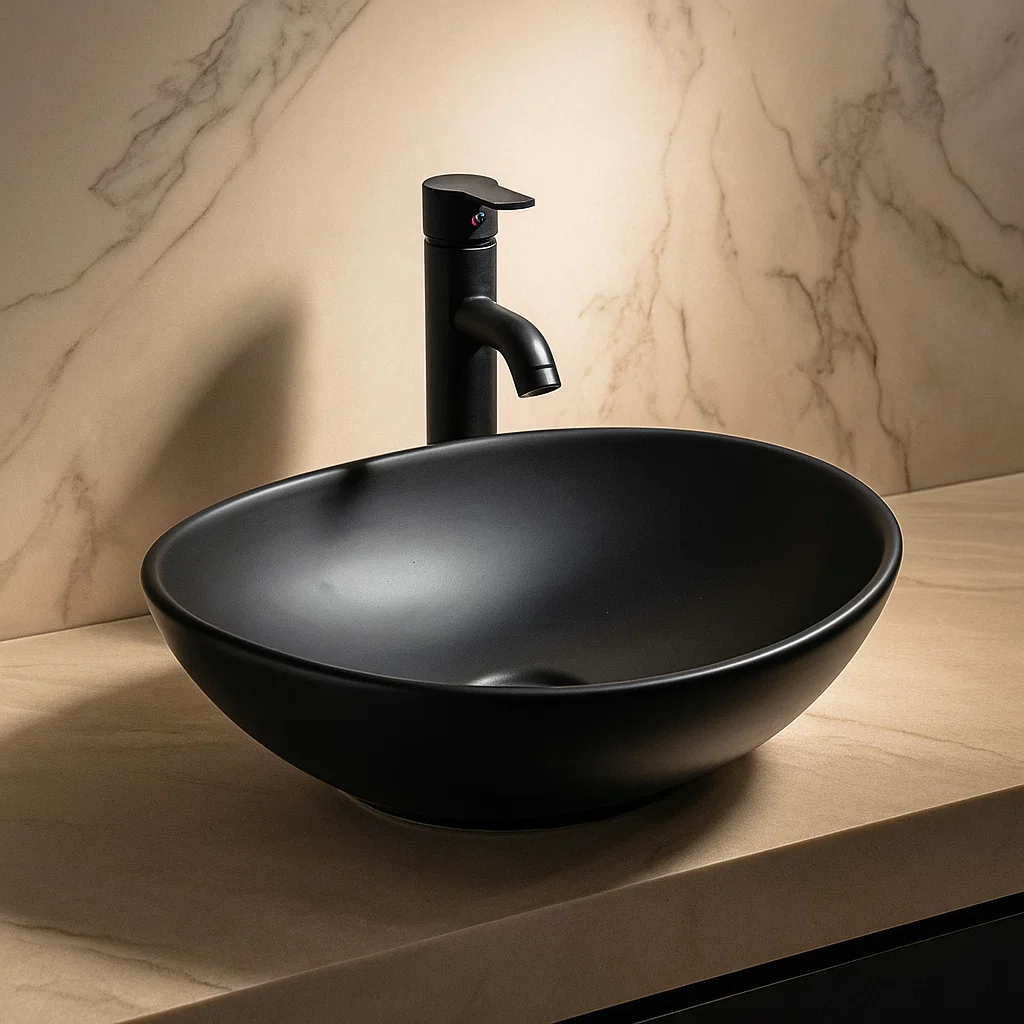 Lavamanos Bowl Negro 40cm sobreponer Cerámica Premium + llave-7