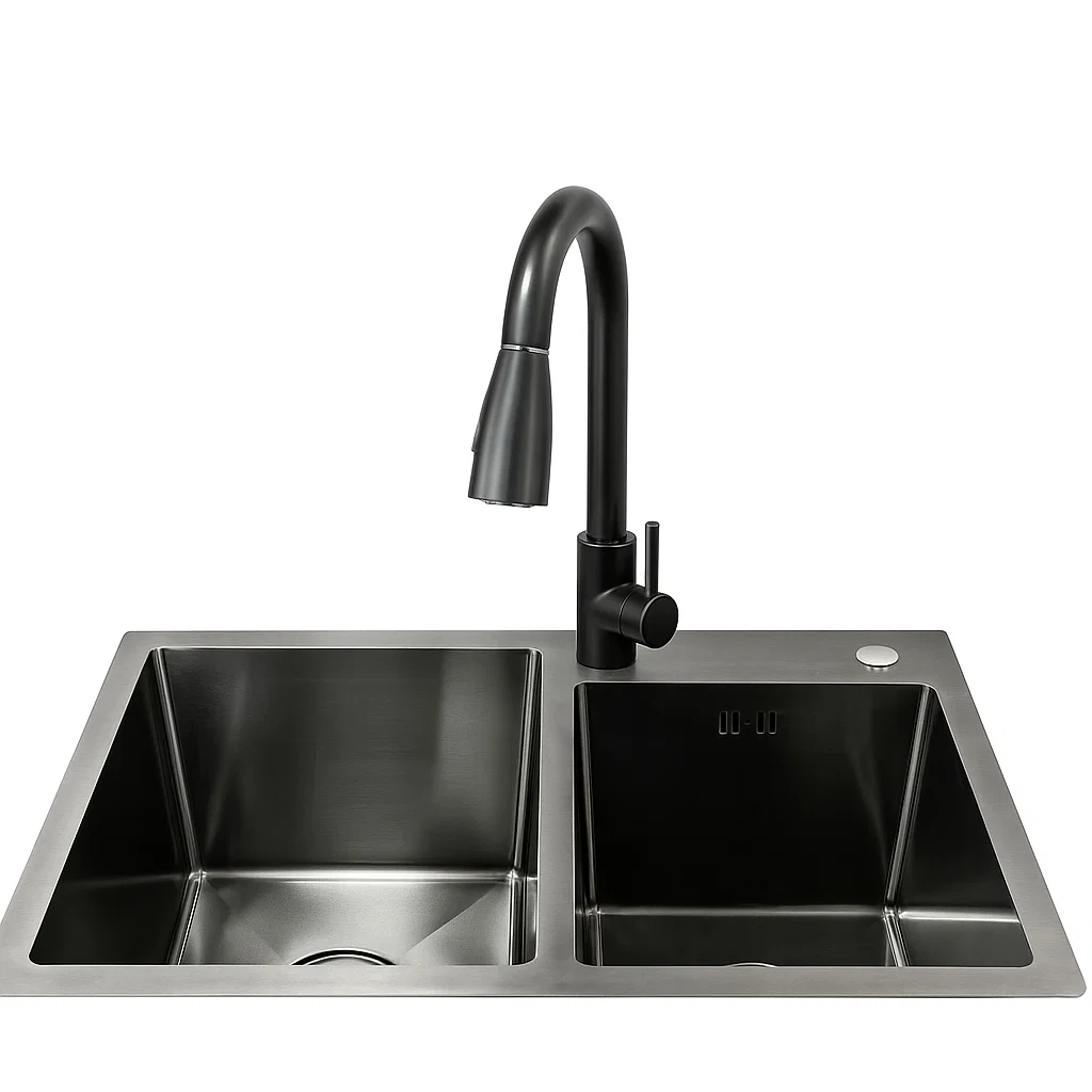 Lavaplatos Doble Cuba 68 38 cm de Acero Inoxidable Llave Monomando Negra Extra ble Victtorino-2