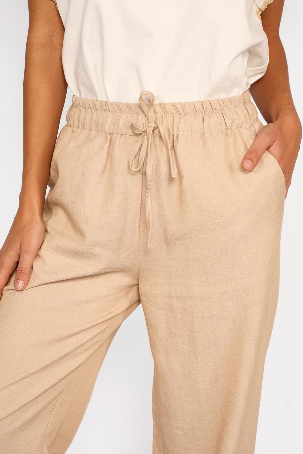 Pantalón Ancho Efecto Lino Alana Beige-2