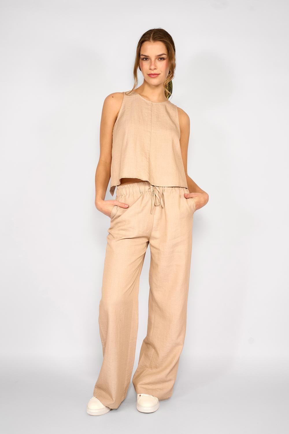 Pantalón Ancho Efecto Lino Alana Beige-3