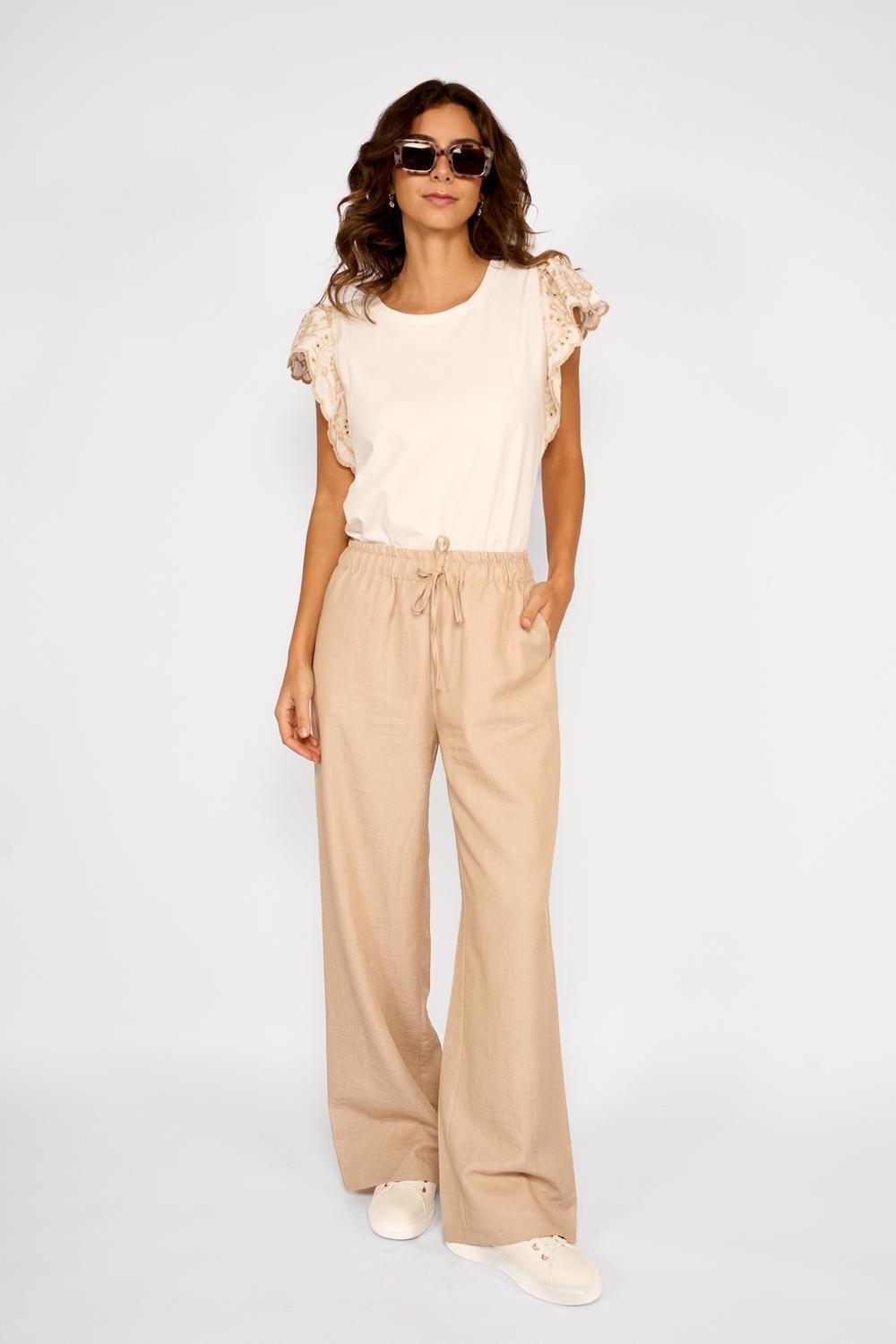 Pantalón Ancho Efecto Lino Alana Beige-4