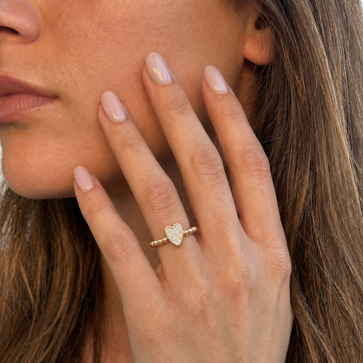 Anillo de Oro 18kt Corazón Circón Bolitas-3