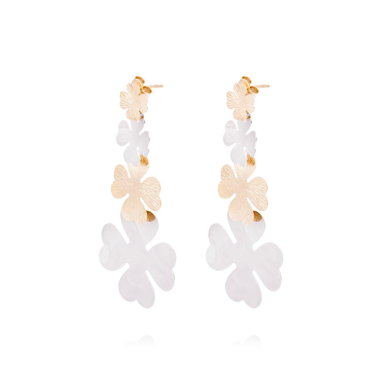 Aros de Plata Esterlina 925 Trebol Bicolor Revestido en Oro 18kt-0