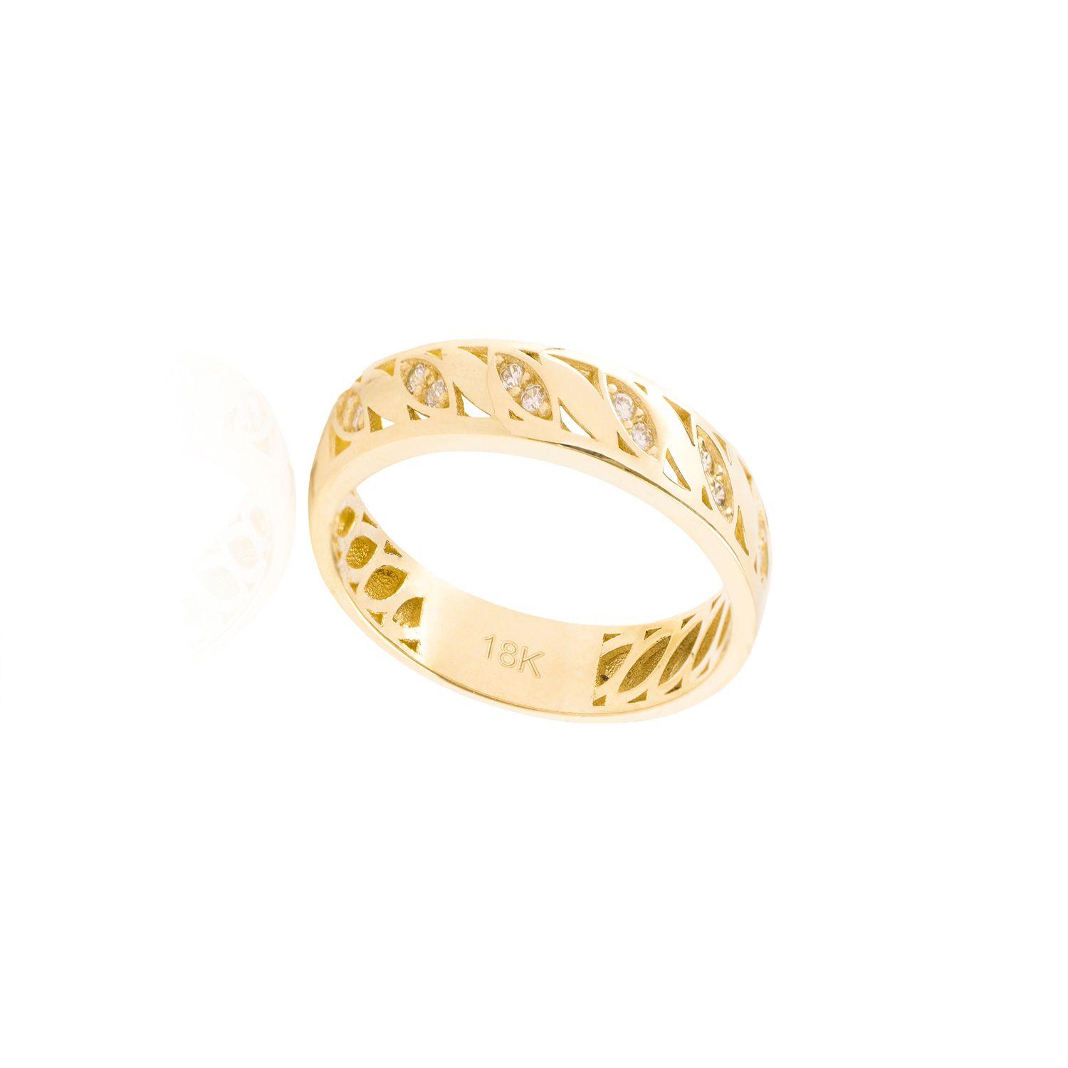 Anillo de Oro 18kt con Diseño de Hojas y Circonita-2