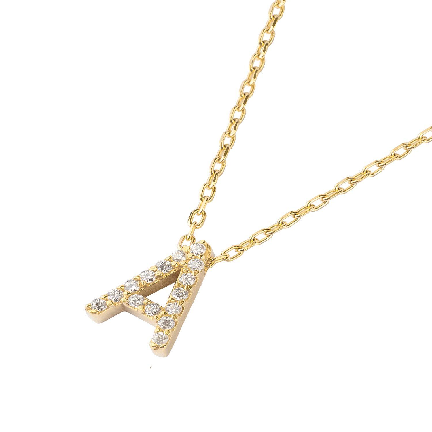 Collar de Plata Esterlina 925 Letra A Circon Revestido en Oro 18kt-1