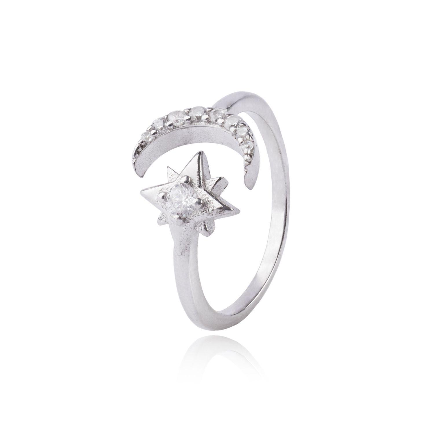 Anillo de Plata Esterlina 925 Luna Estrella Circon-0