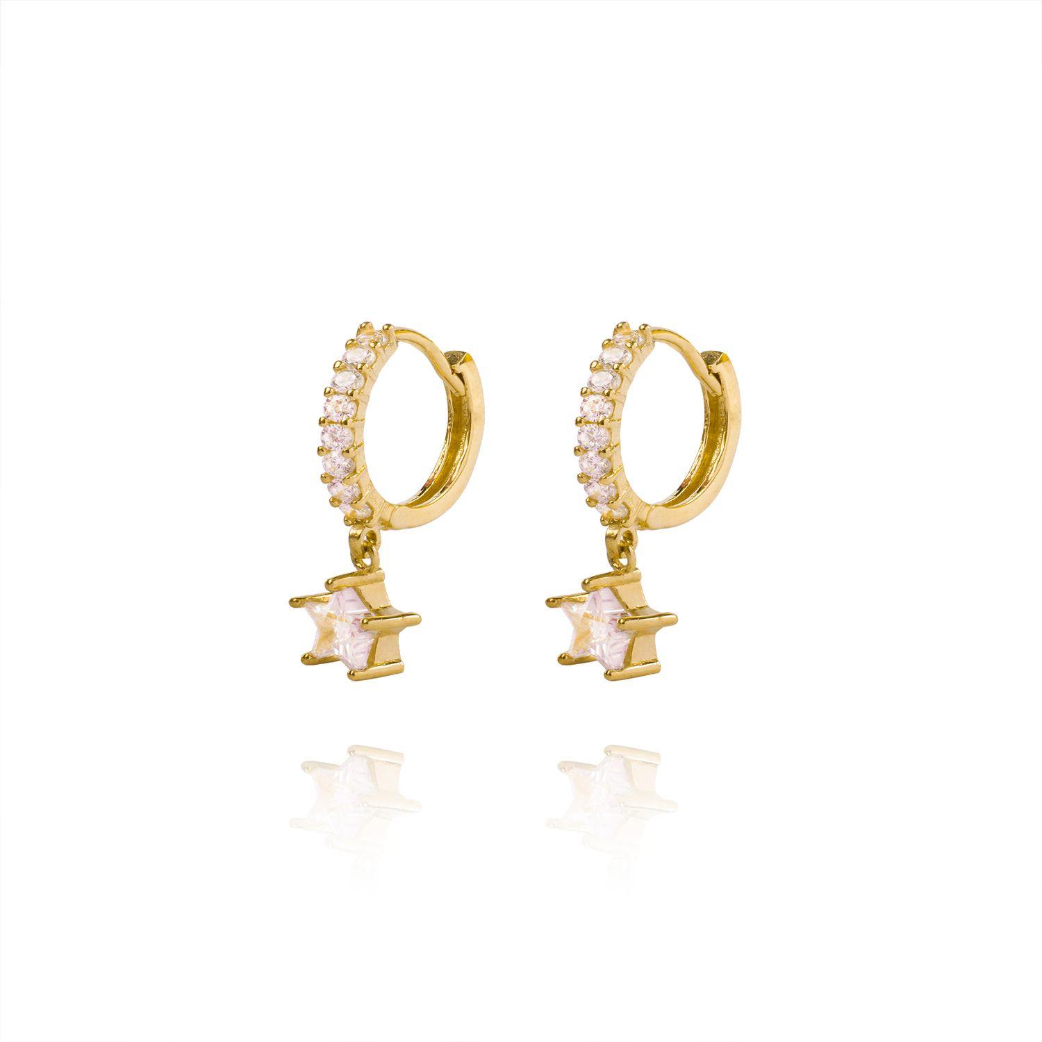 Aros de Oro 18kt Argollas Estrella Colgante y Circonitas-2