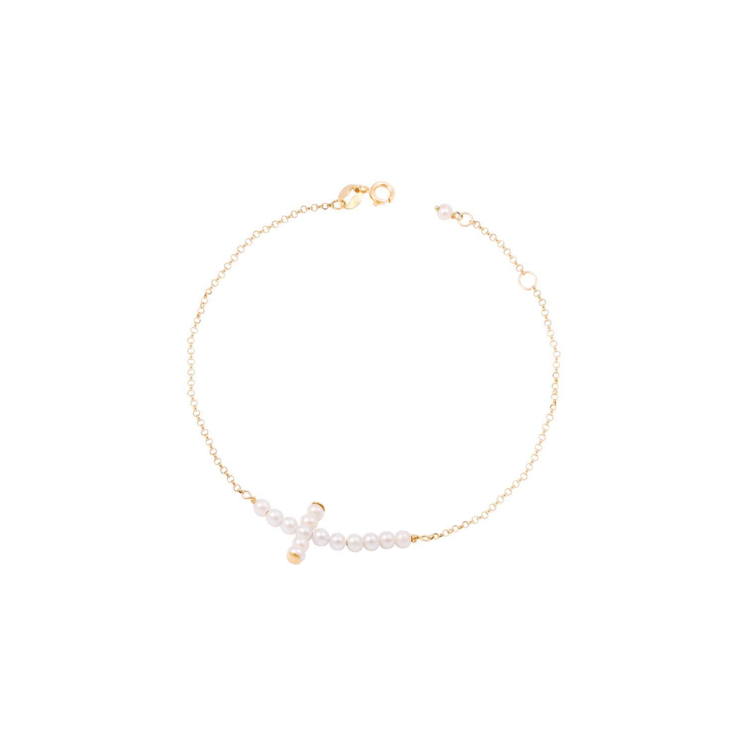 Pulsera Oro Amarillo 18kt Cruz con Perlas  3-2