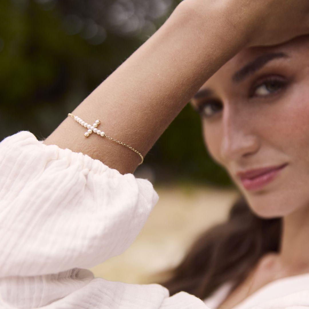 Pulsera Oro Amarillo 18kt Cruz con Perlas  3-3