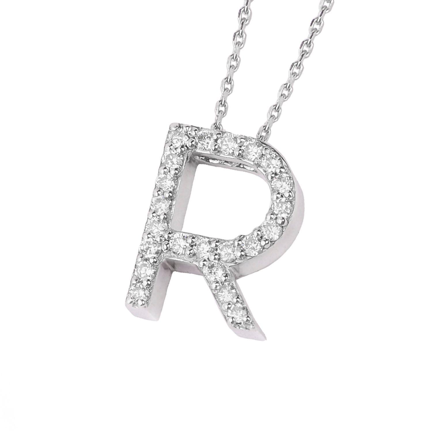 Collar Oro Blanco 18kt  Letra R Diamantes 12 Puntos-2