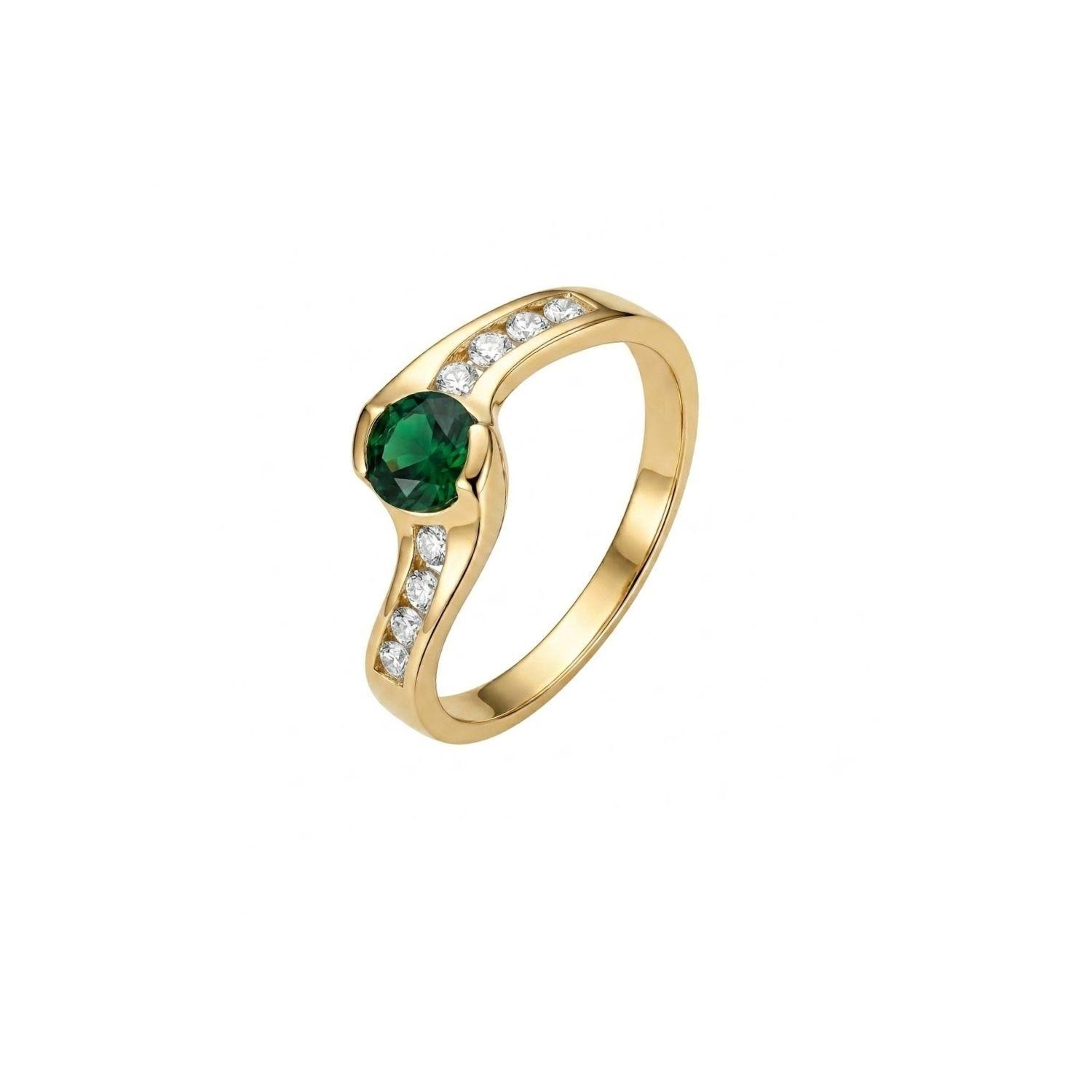 Anillo Oro Miel 18kt Solitario con Circonita Esmeraldina y Circonitas Blancas-0