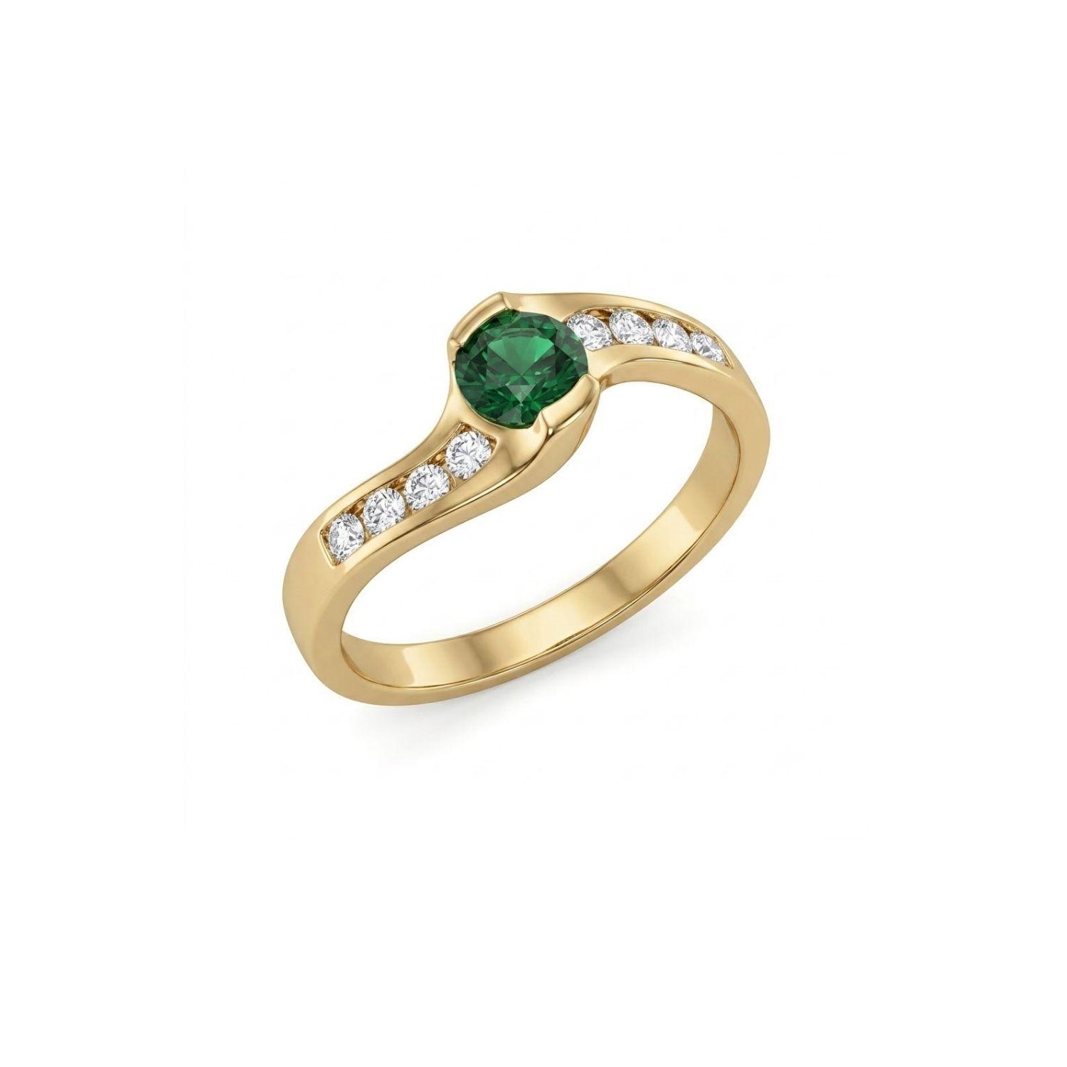 Anillo Oro Miel 18kt Solitario con Circonita Esmeraldina y Circonitas Blancas-2