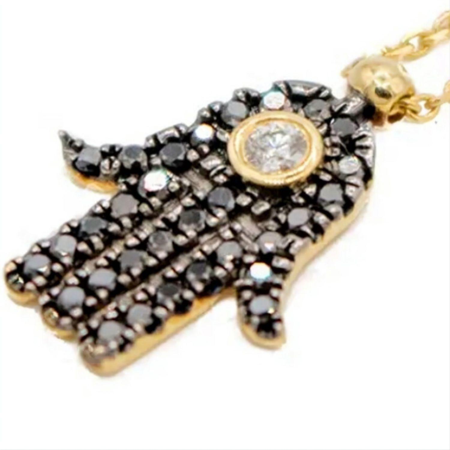 Collar de Oro 18kt con Diamante  Mano de Fatima Diamantes Negros-1