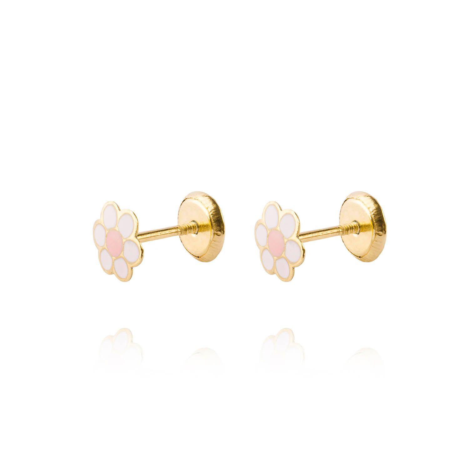 Aros de Oro 18kt Flor Esmaltada Punto Rosa-0
