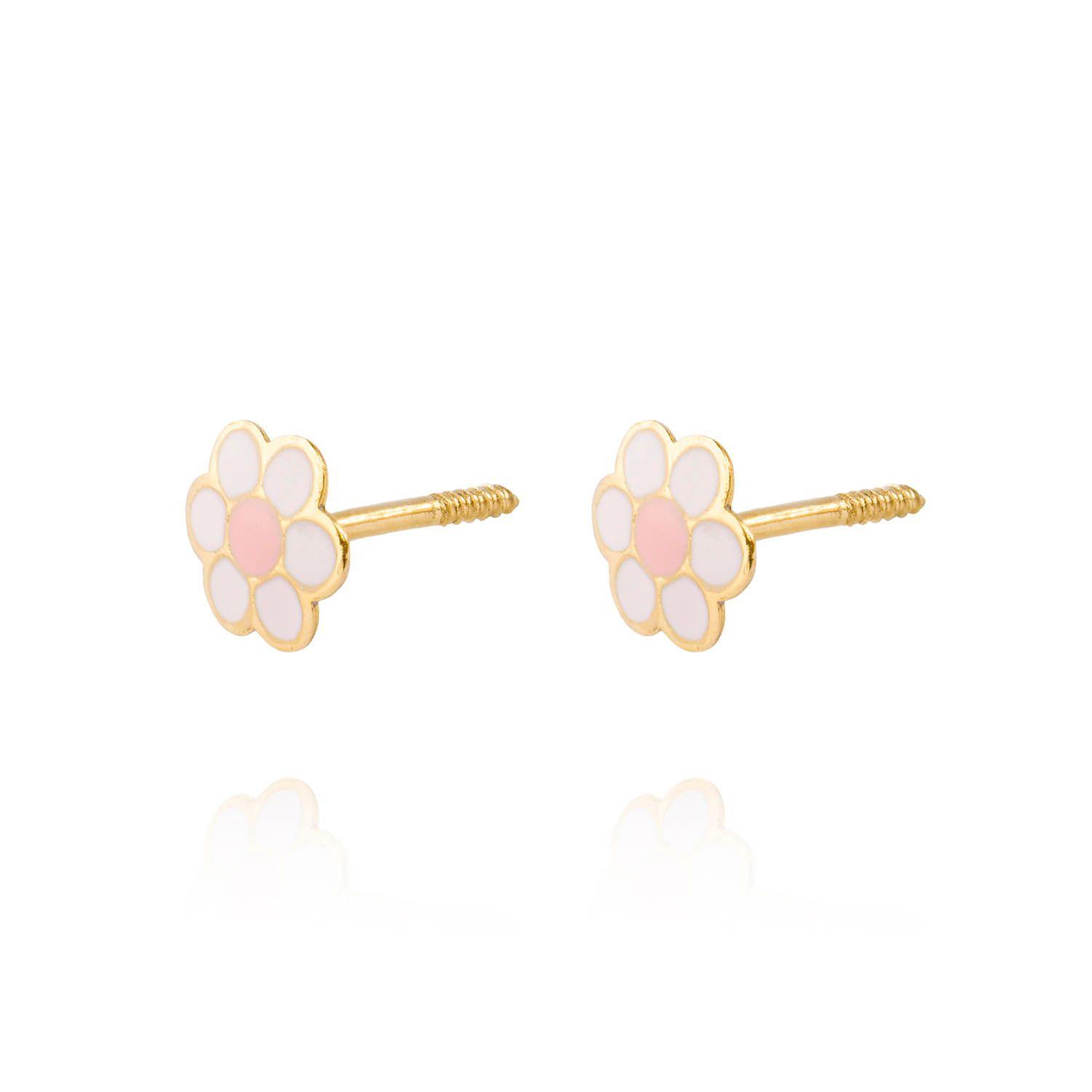 Aros de Oro 18kt Flor Esmaltada Punto Rosa-1