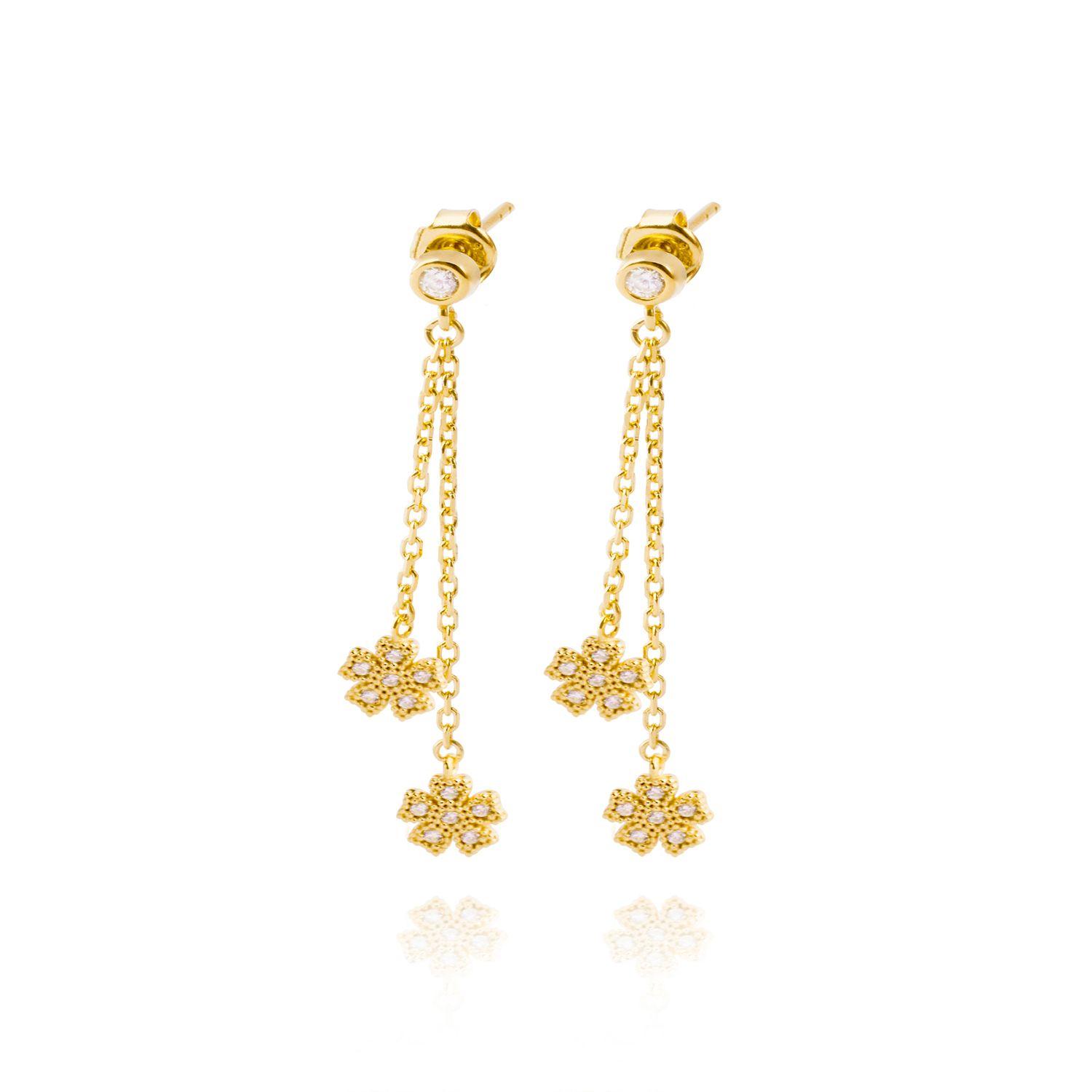 Aros Plata Esterlina 925 Flor Circon Colgante Revestido en Oro 18kt-0
