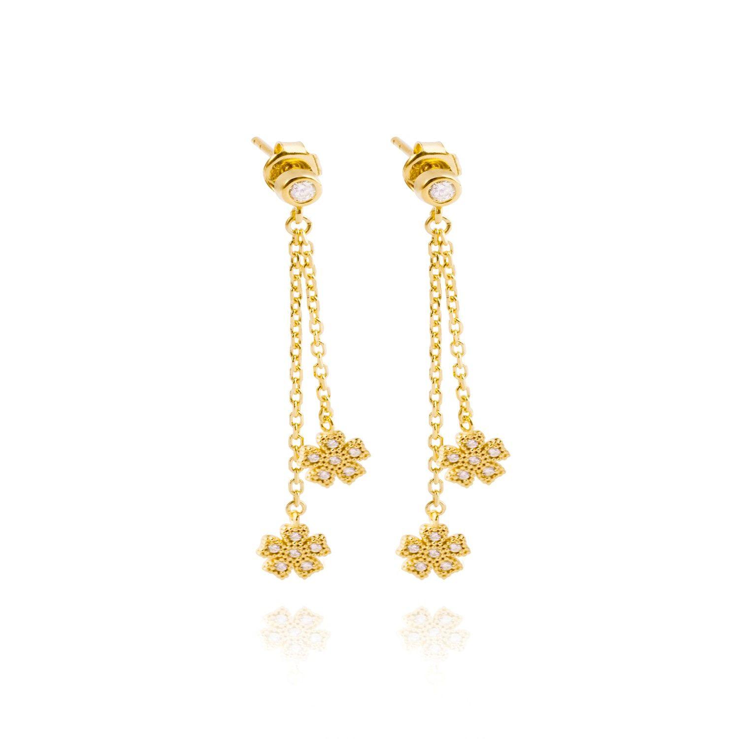 Aros Plata Esterlina 925 Flor Circon Colgante Revestido en Oro 18kt-2